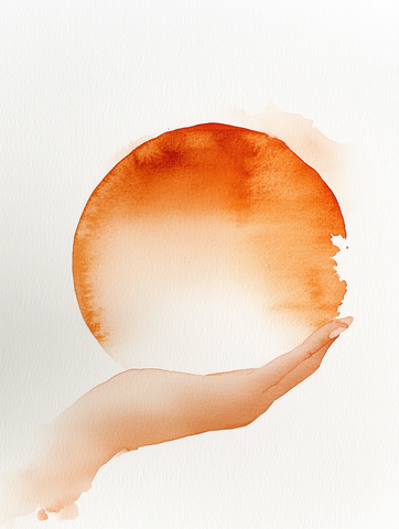 Watercolor-Illustration einer Hand, die eine kleine Sonne trägt