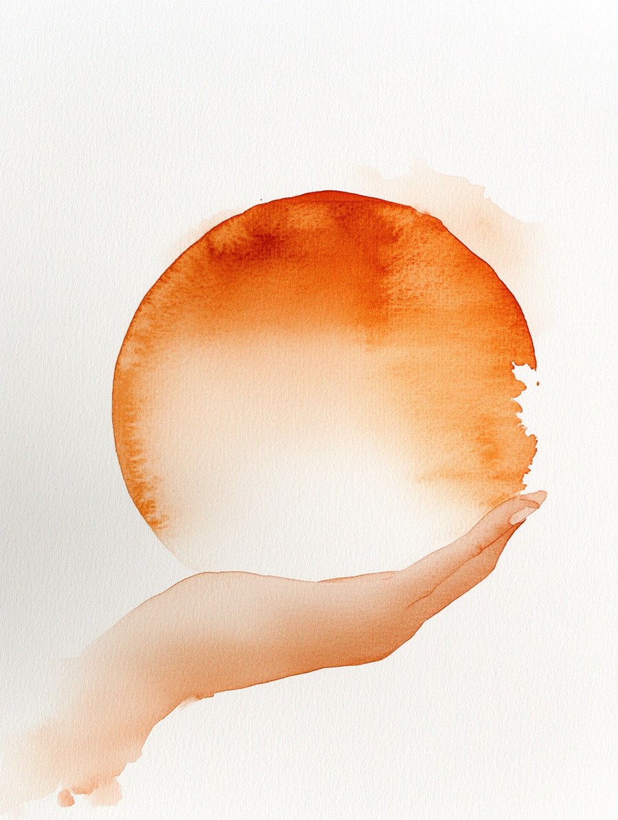 Aquarell-Hand mit orangefarbenem Kreis – Symbol für sanfte Berührung, Selbstbestimmung und den Weg aus dem Vaginismus